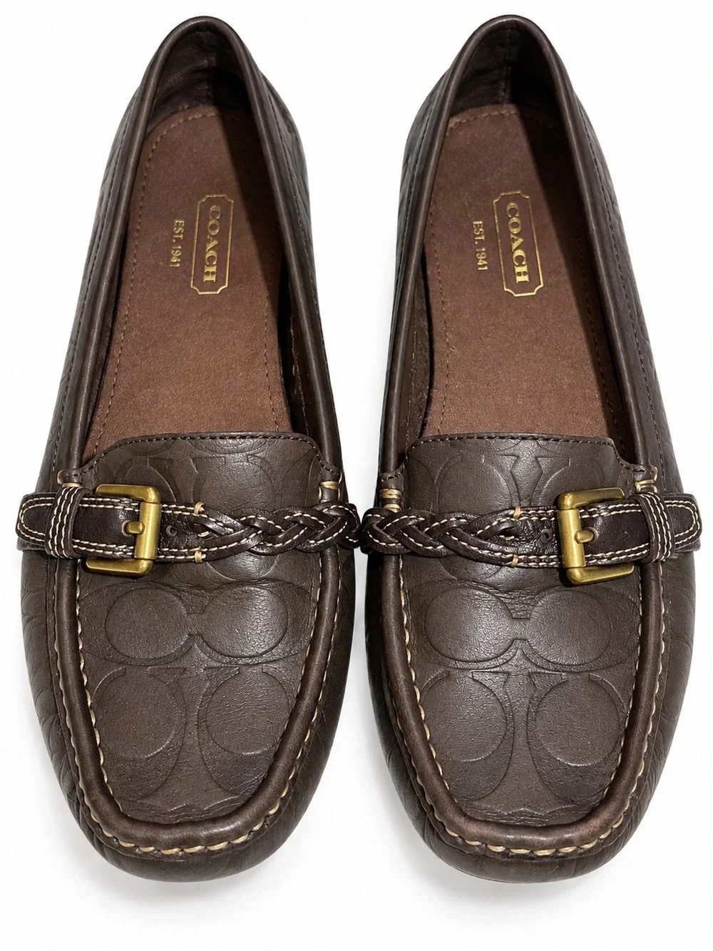 Coach Women’s Brown Leather Signature Moccasin Loafers with Buckle Detail